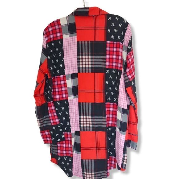 Victoria's Secret Red Patchwork Nightshirt Button Front Knee Length LS Cotton XS - Picture 2 of 9